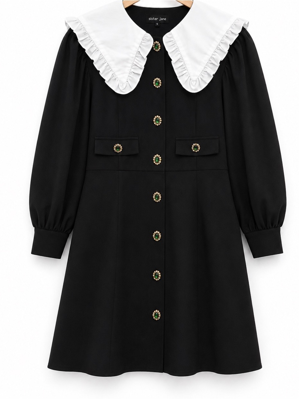 NWT Sister Jane Collectable Black White Ruffle Collar Jeweled antique buttons L